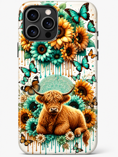 Highland Cow with Butterfly's and Sunflowers Western Magsafe Phone Case 3D Sublimation